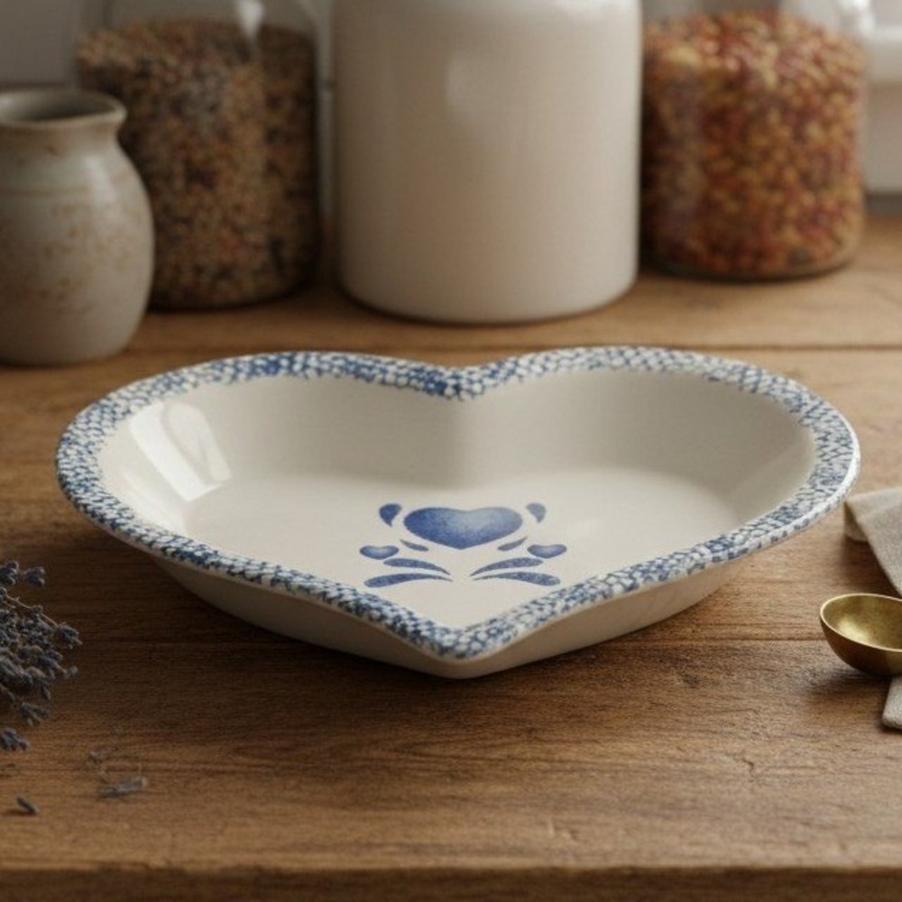 Blue Spongeware Heart-Shaped Pie Pan, Stoneware Spatter Bowl Country Kitchenware